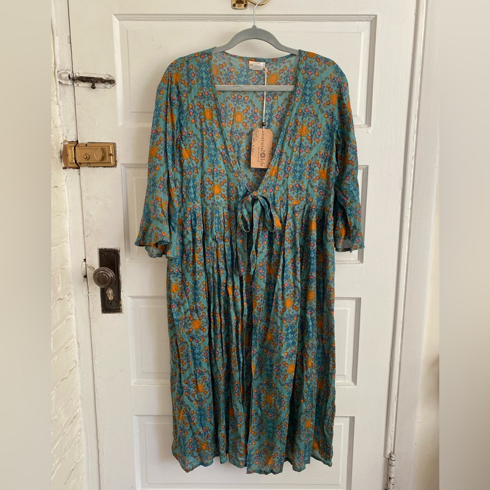 Natural Life Floral Blue and Orange Dress Kimono Wrap Size M/L